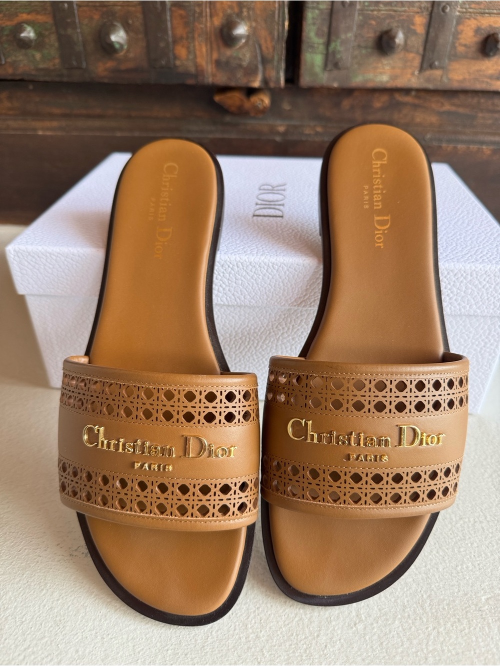 D-lane slides Calfskin with Openwork Microcannage Motif Christian Dior
